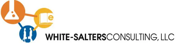 Logo of White-Salters Consulting, LLC, featuring icons of a flask, open book, and two silhouetted figures connected by lines.