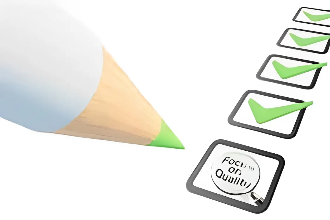 A green pencil points to a row of checkboxes, all ticked with green checkmarks. The last checkbox contains a magnifying glass with the words "Focus on Quality" beneath it.