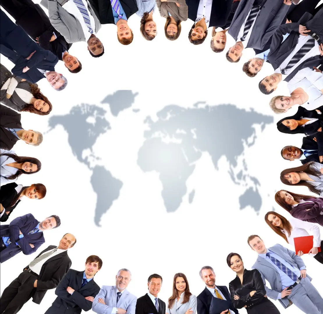 Diverse business professionals forming a circle above a world map.