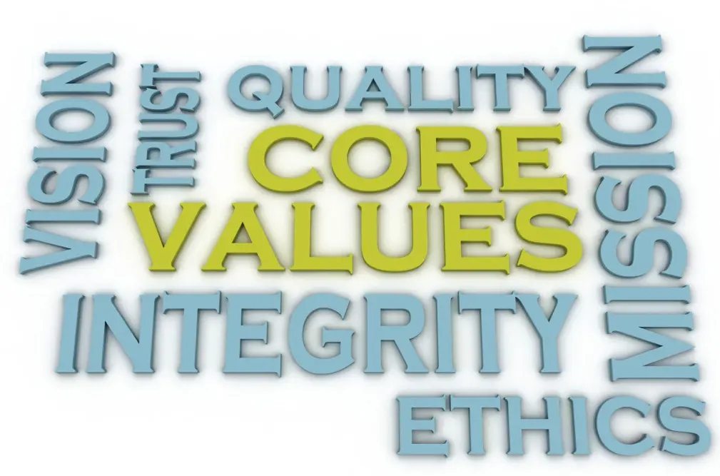 3D words depicting core values like trust, quality, integrity, and ethics.